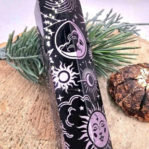 Nature Obsidian Engraved Purple Spiritual Symbols 4" Wand Point - Picture 8 of 10